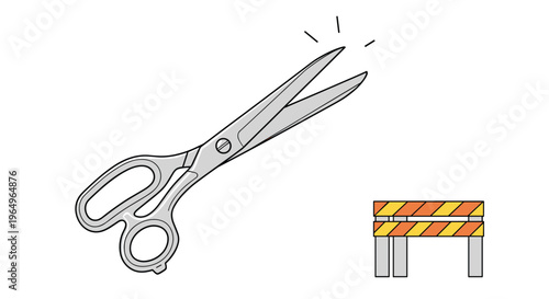 Large pair of metal scissors positioned as if about to cut through a small wooden construction barrier on a plain white background.