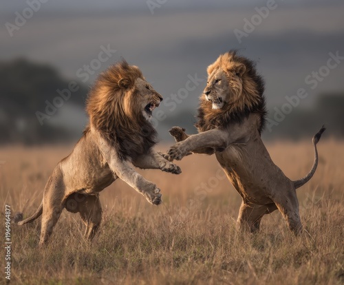 Wallpaper Mural Lion's Confrontation in Savanna: A dynamic, photorealistic portrayal captures two majestic male lions engaged in a heated dispute against a backdrop of the vast, golden savanna. Torontodigital.ca