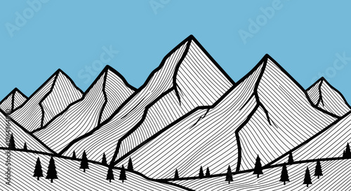 Snowy mountain range with trees.