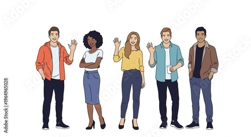 Group of five diverse young adults standing together and waving towards the camera with friendly expressions on a white background.