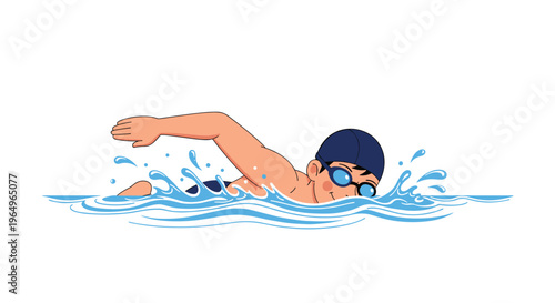 Male swimmer wearing a cap and goggles performing freestyle stroke in blue splashing water against a white background for sports themes.