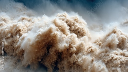 Raging River's Fury: A breathtaking capture of nature's raw power. Turbid water churns with untamed energy, creating a spectacle of immense force and imposing scale.
