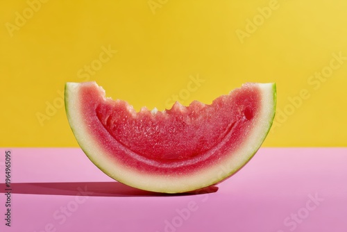 Wallpaper Mural Sweet Bite of Summer: A close-up shot captures a juicy slice of watermelon with a missing bite, placed against a vibrant backdrop. It's a tantalizing still-life. Torontodigital.ca