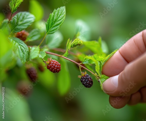 Wallpaper Mural Harvesting Berries in Nature's Embrace: A close-up view captures a hand gently plucking a ripe berry from a lush bush, highlighting the beauty of nature's bounty and the art of harvesting. Torontodigital.ca