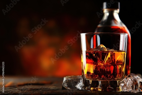 Whiskey Glass with Ice: A captivating image features a glass of whiskey, with ice cubes, and a bottle creating a sophisticated ambiance of indulgence and pleasure.