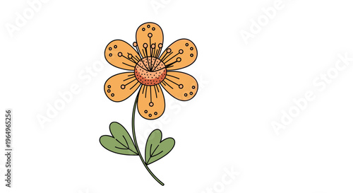 Stylized illustration of a single orange flower with six petals and detailed central stamens growing on a green stem with heart leaves.