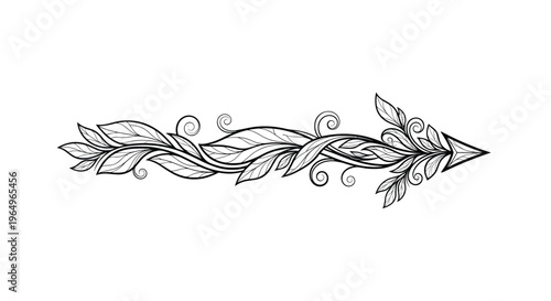 Artistic horizontal arrow composed of swirling leafy vines and delicate foliage in black and white line art for elegant directional signage.