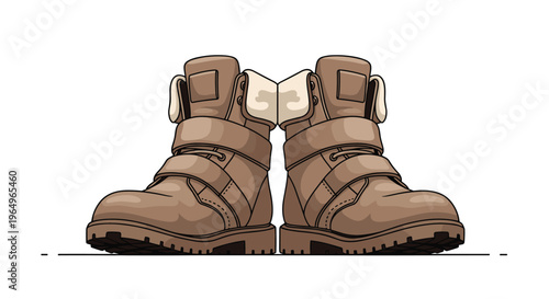 Pair of sturdy brown winter boots with thick soles Velcro straps and soft white lining for cold weather footwear concepts.