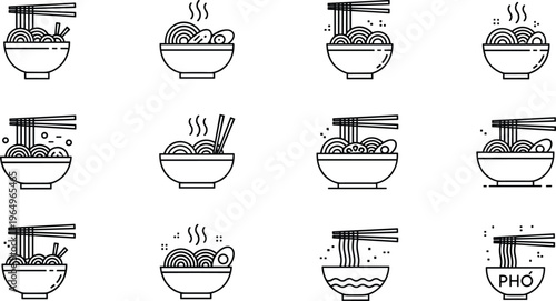 Authentic Asian noodle and pho bowl vector line icon set featuring chopsticks, ramen, soup with eggs, and steaming dishes for restaurant menu design, food delivery apps, and oriental culinary branding