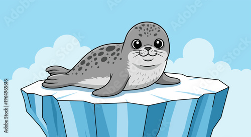 Friendly grey spotted seal resting comfortably on top of a floating blue iceberg under a clear sky with soft white clouds.