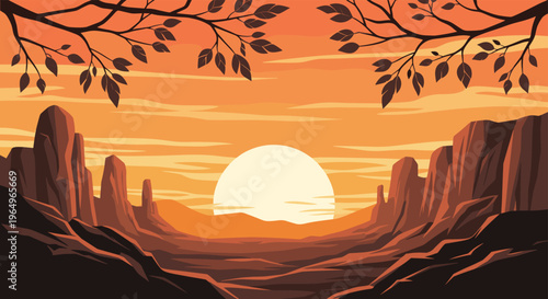Serene desert landscape at sunset featuring a large sun sinking between rocky canyons framed by silhouetted tree branches with leaves.