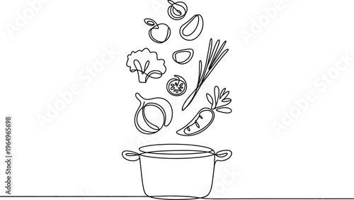 This minimalist line drawing shows a variety of ingredients tumbling gracefully into a cooking pot. 