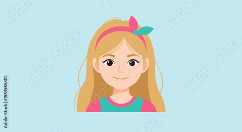 Charming vector illustration of a young girl with long blonde hair wearing a colorful headband on a light blue background.