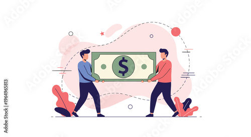 Two men working together to carry a giant green dollar bill against an abstract pink background representing financial teamwork.