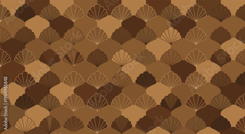 Elegant repeating pattern consisting of stylized seashell shapes in a warm palette of brown tones against a hexagonal grid background.