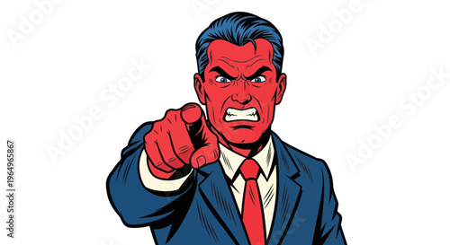 Angry Businessman Points Finger, Red Face, Aggressive Expression, Comic Style