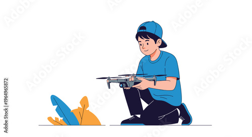 Young boy in a blue shirt and baseball cap kneeling on the ground while holding a modern camera drone for aerial photography.