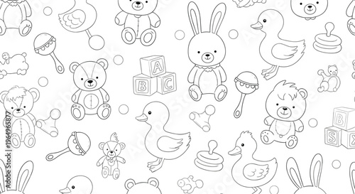 Black and White Baby Toy Icons Set Featuring Teddy Bears, Rattles, Blocks, Ducks, and Plush Toys for Infant and Childhood Designs