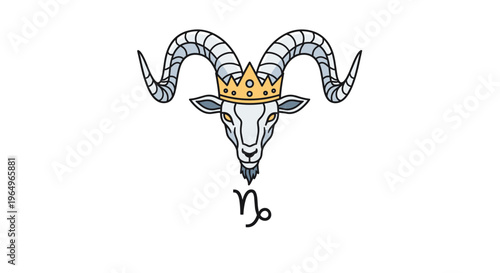Detailed zodiac illustration of a mountain goat or ram head wearing a gold crown with the Capricorn sign symbol below it.