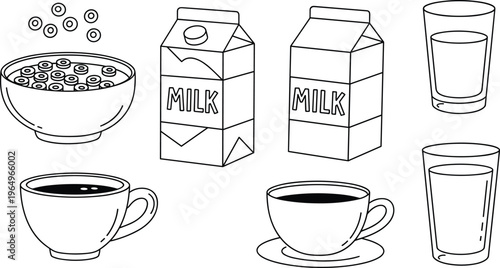 Black and White Breakfast Drink and Cereal Icons Set Featuring Milk Cartons, Coffee Cups, Glasses, and Cereal Bowls for Morning Routine Designs