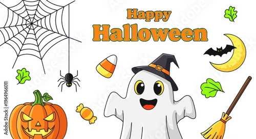 Happy Halloween Ghost, Pumpkin, Spider, Bat, Moon & Candy - Festive Illustration