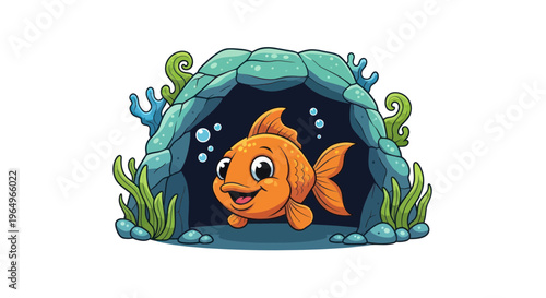 Happy Cartoon Goldfish Peeking Out of Underwater Cave