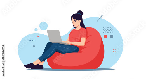 Young woman sitting comfortably in a large red bean bag chair while working on her laptop against a soft blue abstract background.