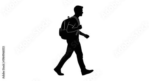 Silhouette of a young man walking with a backpack, isolated on white background