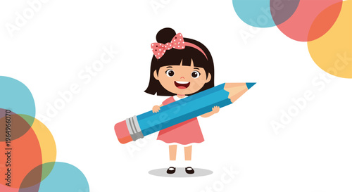 Happy little girl with a pink bow in her hair holding a large blue pencil with colorful circles in the corners.