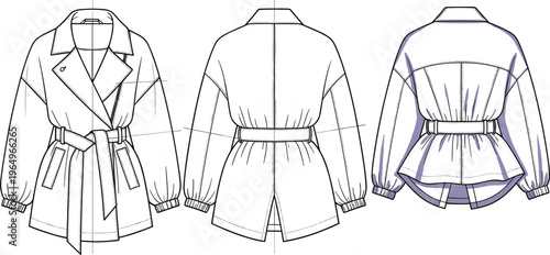 Technical fashion sketch of women belted trench coat jacket including front and back views for apparel manufacturing