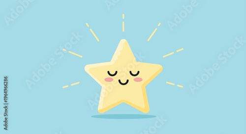 Adorable sleeping star character with pink cheeks and rays of light around it on a calming light blue background.