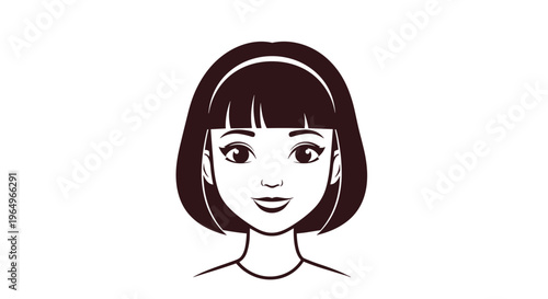 Elegant black and white portrait of a young woman with a bob hairstyle and bangs looking directly forward with a soft smile.