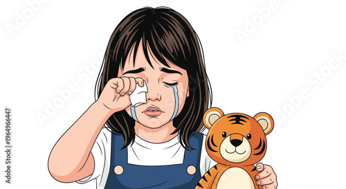 Heartbreaking illustration of a young girl crying and wiping her eyes with a tissue while holding her tiger teddy bear.