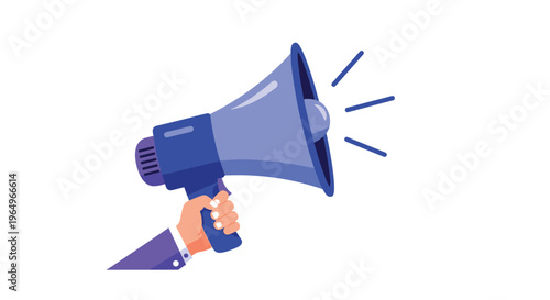Bright purple and blue megaphone held by a hand in a suit sleeve against a white background to represent an announcement.