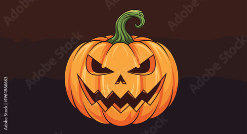 Frightening Halloween jack-o-lantern with sharp teeth and angry glowing eyes set against a dark brown and black background.