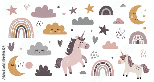 Boho nursery elements collection with rainbow moon and stars