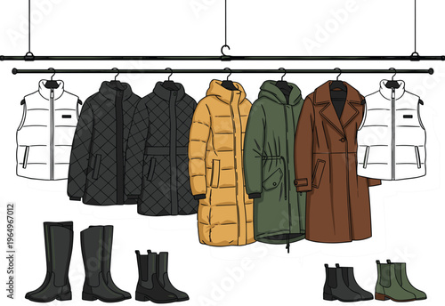 Winter outerwear collection featuring puffer jackets long coats quilted vests and leather boots hanging on clothing racks