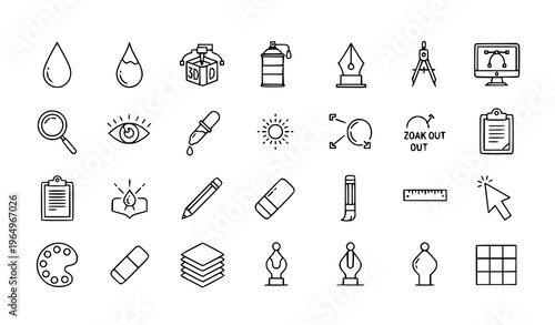 Set of 20 linear design tool icons with paint drop 3D printer and creative UI elements editable stroke