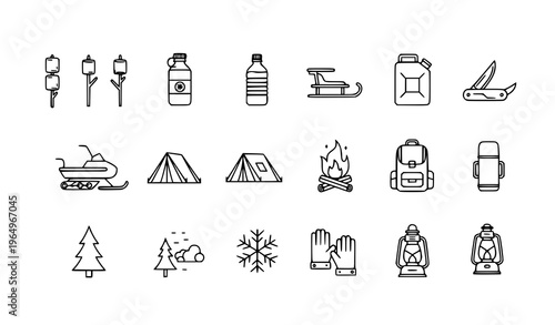 Modern winter camp linear icon pack with sled snowmobile marshmallows and outdoor camping elements