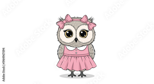Adorable baby owl illustration featuring a cute bird wearing a stylish pink dress and matching hair bow on white background.
