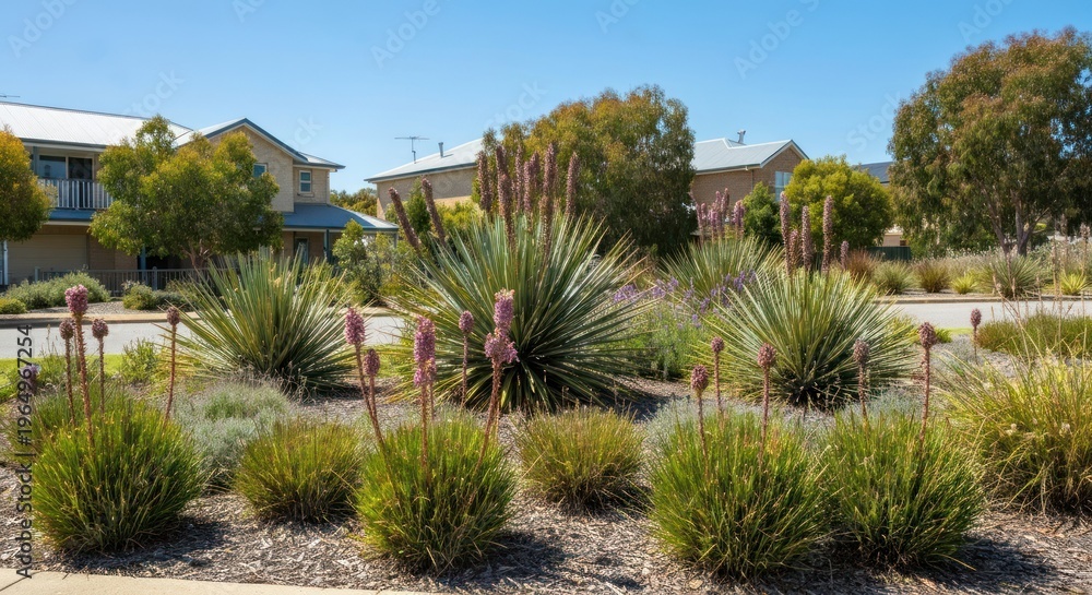 Fototapeta premium A sunlit landscaping scene of a residential area, with vibrant drought-tolerant plants