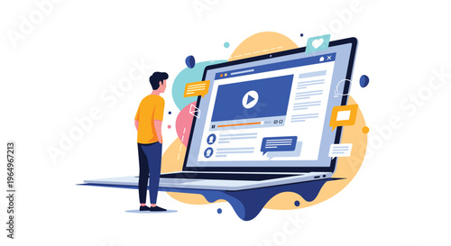 Young man observing online video content on a large laptop screen surrounded by social media engagement icons and UI elements.