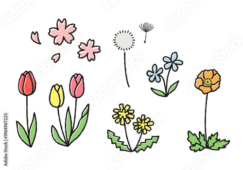 春の花の手描きイラストセット