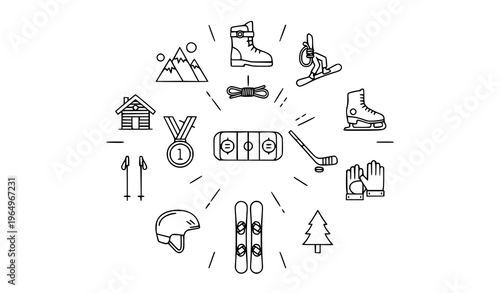 Winter sports outline icon set with mountain activities skiing hockey and snow adventure symbols