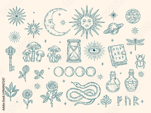 Vintage mystical set with keys, books, potions, moon, sun, stars, moon phases, insects, mushrooms, flowers, hourglass, runes, spellbook and eye in magical hand-drawn vector outline style
