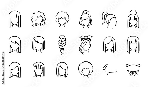 Modern hairstyles linear icon pack with women hair styles ponytail braid and beauty salon elements