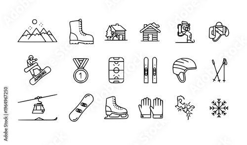 Modern winter sports linear icon pack with mountains snowboard hockey and outdoor activity elements