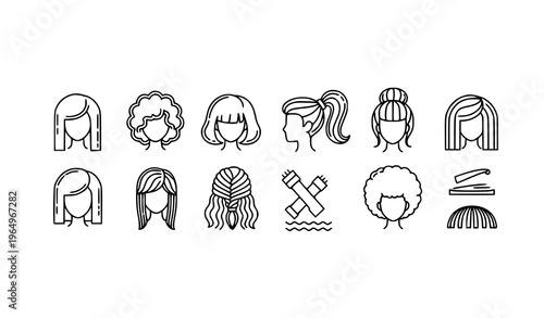 Modern hairstyles line icon collection with women haircuts and salon beauty elements