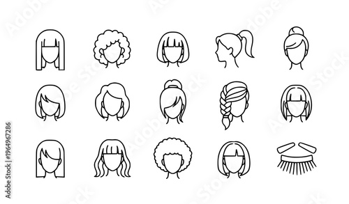 Hairstyles outline icon set with women haircuts braid ponytail and beauty salon symbols