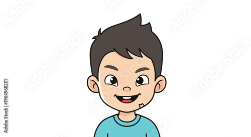 Adorable portrait of a young boy with dark hair and a wide happy smile showing a missing tooth on his cheerful face.